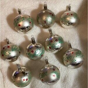 Andes Vintage Hand Blown Glass Christmas Ornaments Silver Glitter With Holly 9
